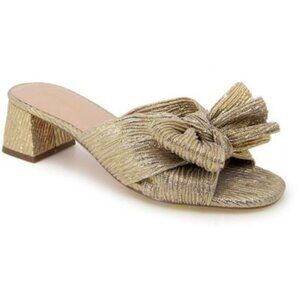 Kensie Urson Gold Foil Fabric Bow Block 2-inch Heeled Sandals Size 8 NEW Retro